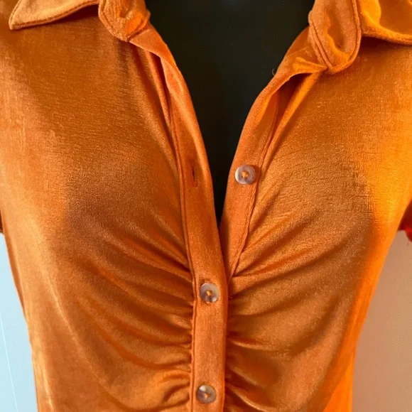 Orange Ruched Button-Up Dress - Picture 2 of 5